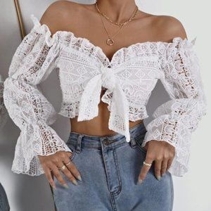 Tie Front Lace Bell Sleeve Crop Top